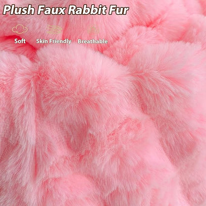 LIFEREVO Faux Rabbit Fur Round Inflatable Pouf Ottoman, 20" X 16" Plush Fuzzy Waffle Bubble Floor Poufs Foot Rest for Living Room Bedroom, Furry Pouf Chair Foot Stool Home Decor, Anti-Slip, Pink