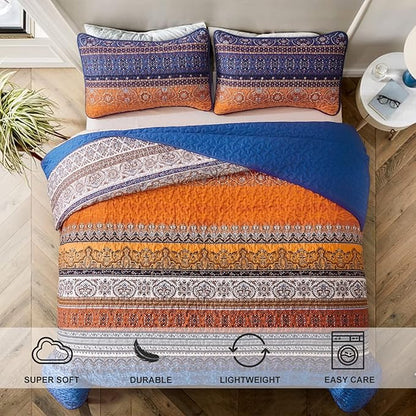 WONGS BEDDING Boho Fall Queen Quilt Set, Blue and Orange Bohemian Queen Quilt Bedding Set, Lightweight Microfiber Bed Decor Bedspread for All Season 96"x90"(3 Pieces)