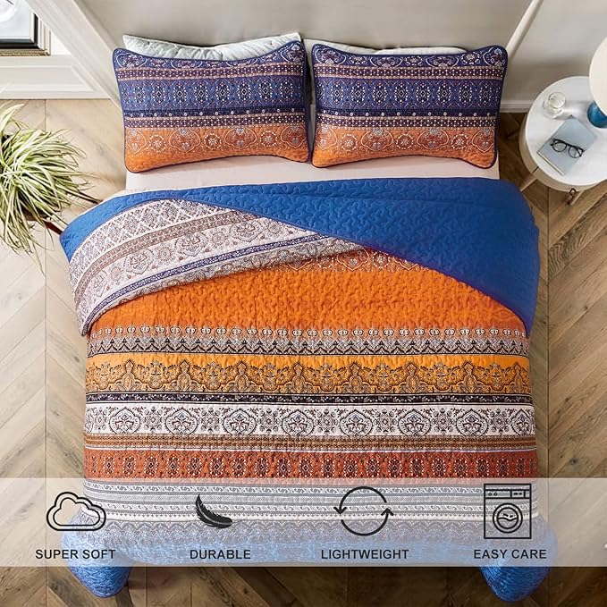 WONGS BEDDING Boho Fall Quilt King Size, Blue and Orange Bohemian King Quilt, Lightweight Microfiber Bed Decor Bedspread for All Season 103"x90"(3 Pieces)