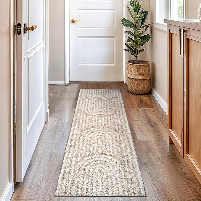 Rugshop Abstract Arch Shag Runner Rug Beige 2' 3" x 8' Perfect for Hallways, Kitchens, or Behind The Sofa