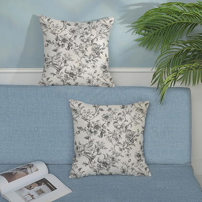 Black and Cream Pillow Covers 16x16 Set of 2 Vintage Floral Chinoiserie Throw Pillows Rustic Toile Flower Decorative Pillow Cases Outdoor Chinoiserie Decor Linen Cushion Case for Couch Sofa