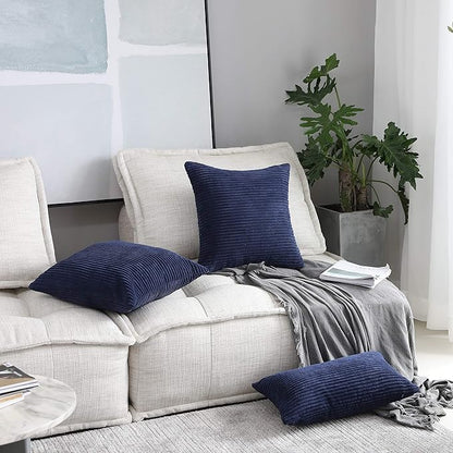 Home Brilliant Decoration Pillow Covers for Decoration Solid Soft Striped Velvet Corduroy Plush Set of 2 Throw Cushion Cover for Square Pillows, 50cm, 20 x 20 Inch, Navy Blue