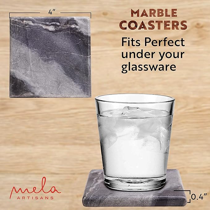 Mela Artisans Set of 4 Hand Crafted Marble Coasters - Sleek Black, Square | Coffee Table Decor | Absorbent Keeping Surfaces Dry & Safe | Ideal for Wine Glasses, Water Cups or Beer Mugs