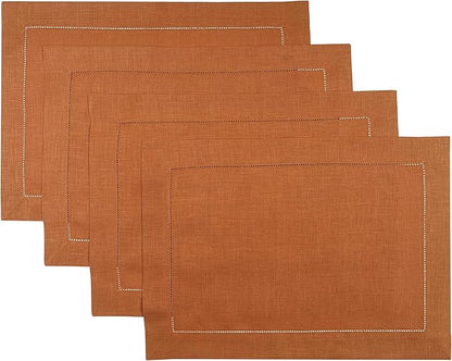 D'Moksha Homes Rust Linen Placemats Set of 4 - Classic Hemstitch Placemats 14 x 19 Inch - 100% Pure Linen Table Mats for Winter, Holiday, New Year - Handcrafted and Machine Washable