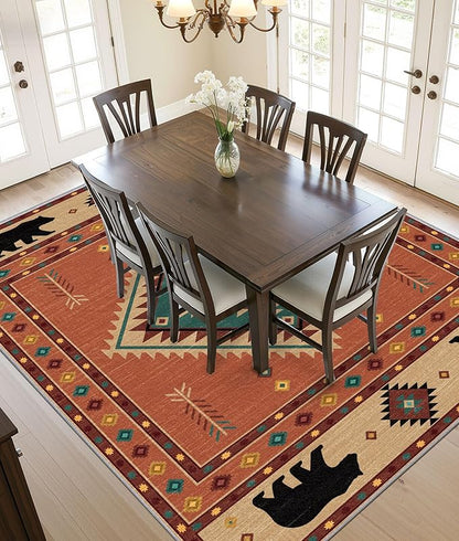 Cabin Rug 3x5 - Bear Southwestern Aztec Area Rugs for Bedroom Living Room, Rustic Tribal Machine Washable | Non-Slip | Low Pile Carpets, Native American Home Decor (Orange Tan Black)