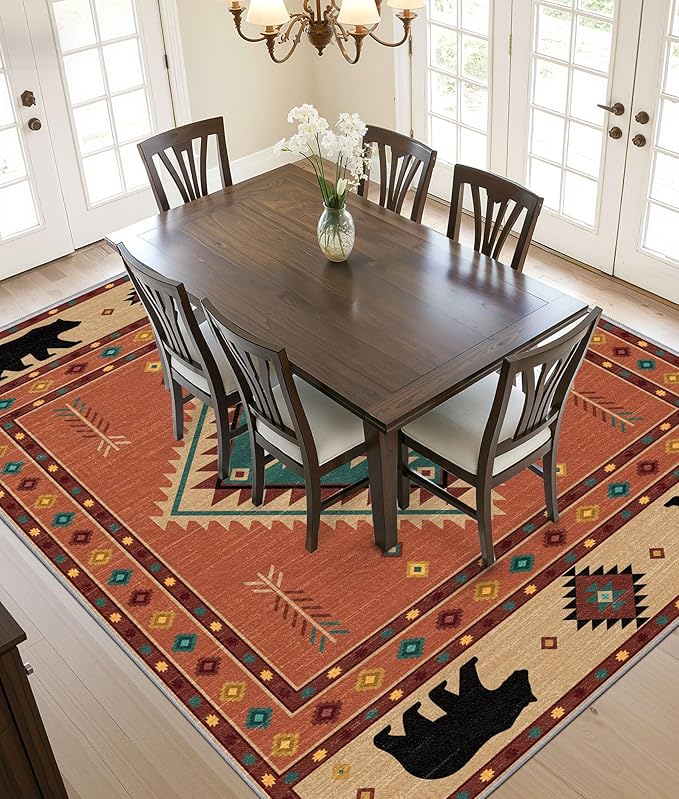Cabin Rug 7x9 - Bear Southwestern Aztec Area Rugs for Living Room Bedroom, Rustic Navajo Machine Washable | Non-Slip | Soft Large Carpets, Native American Home Decor (Orange Tan Black)