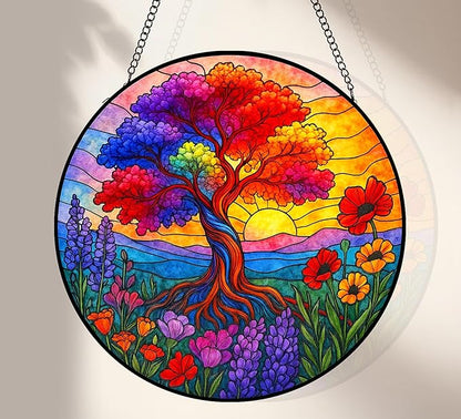 Stained Glass Window Hanging, Tree of Life Sun Catchers Stained Glass Panels for Indoor Windows Wall Art Decor, Birthday Graduation Gift for Mom Women Wife Men Lovers (7.87inch)