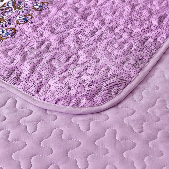 WONGS BEDDING Boho King Quilt Set, Purple Bohemian Quilt Bedding Set, Lightweight Bed Decor Bedspread for All Season Reversible Microfiber Coverlet Bedding Set 110"x90"(3 Pieces)