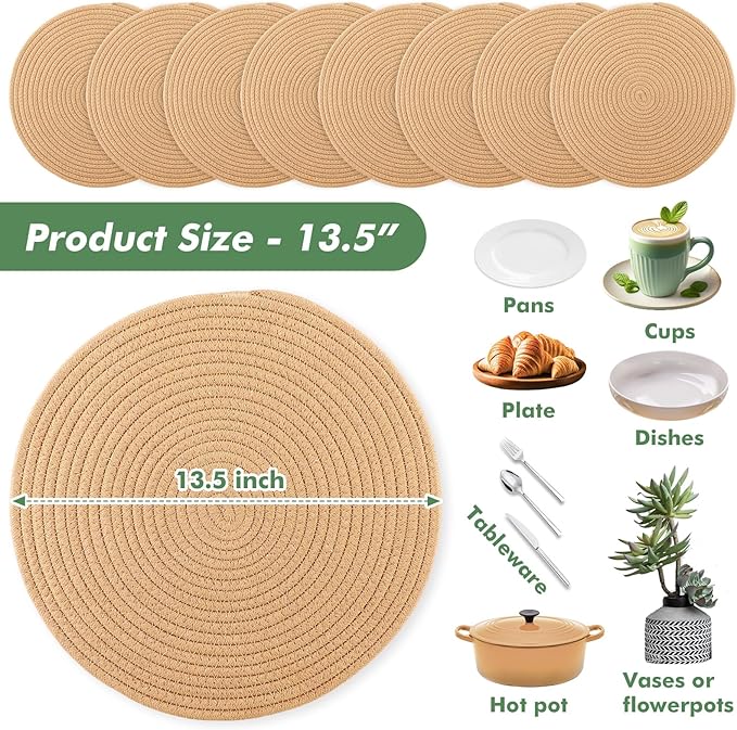 Round Woven Placemats Set of 8 Heat Resistant Placemats 13.5 Inches Farmhouse Cotton Rope Place Mats for Dining Tables Trivets for Hot Dishes, Brown