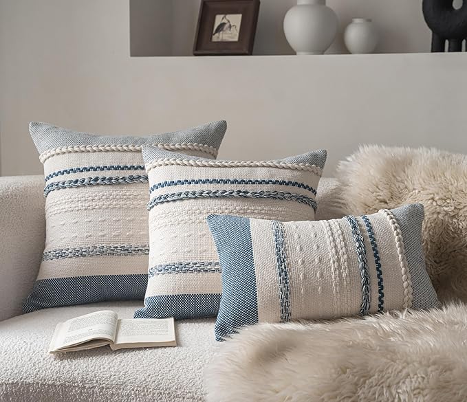 Boho Throw Pillow Covers 20x20 Inch Set of 2, Blue Textured Decorative Couch Pillow Cases for Farmhouse Home Decor, Accent Cushion Cover for Sofa, Bed, Living Room, Bedroom
