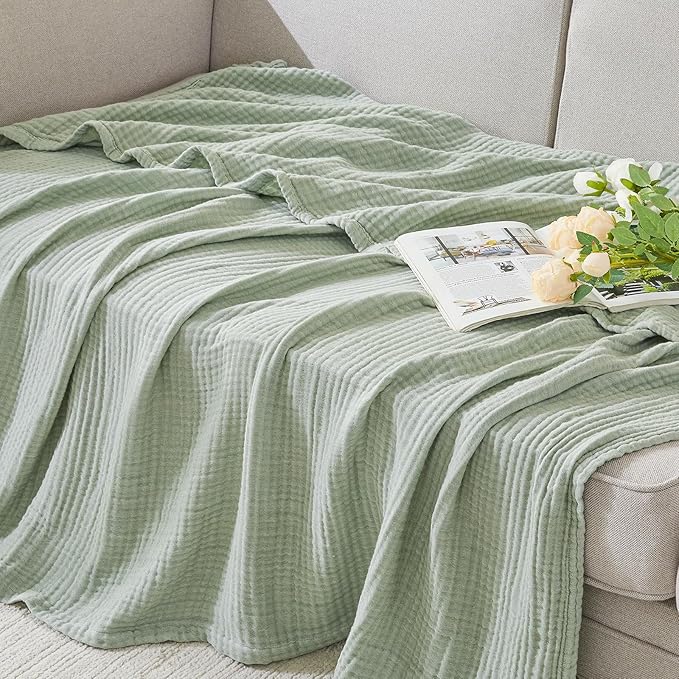 EMME Cotton Muslin Twin XL Blanket Breathable Gauze Soft Lightweight Blankets Adults Gifts for Women (Heather Sage Green, 66"x90")