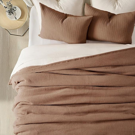EVERGRACEHOME Cotton Gauze Full Queen Bedspread, Ultra Soft Prewashed Pick Stitch Matelassé Coverlet, Lightweight Oversized Queen Quilt Bedding Set for All Season, w/ 2 Shams, Terracotta Clay