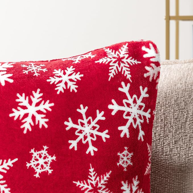 PAVILIA Holiday Throw Pillow Covers 20x20 Set of 2, Decorative Pillow Cases Bed Sofa Couch, Christmas Winter Accent Decor Cushion Bedroom Living Room, Velvet Square Euro Sham Covers, Snowflake Red