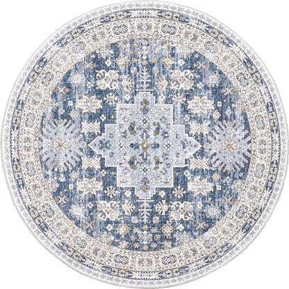 zesthome 8ft Round Rugs for Living Room, Non-Slip Washable Round Area Rugs, Ultra-Thin Large Circle Rugs, Soft Low Pile Rug for Bedroom, Kitchen - Vintage Stain Resistant Round Rug (Blue/Beige,8'x8')