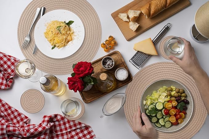 Woven Cotton Rope Round Placemats Set of 9 Pcs with Holder Included, Handmade Boho Woven Place mats,Hot Pads for Kitchen,Farmhouse Place Mats for Dining Tables Trivets for Hot Dishes