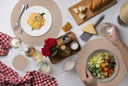 Woven Cotton Rope Round Placemats Set of 9 Pcs with Holder Included, Handmade Boho Woven Place mats,Hot Pads for Kitchen,Farmhouse Place Mats for Dining Tables Trivets for Hot Dishes