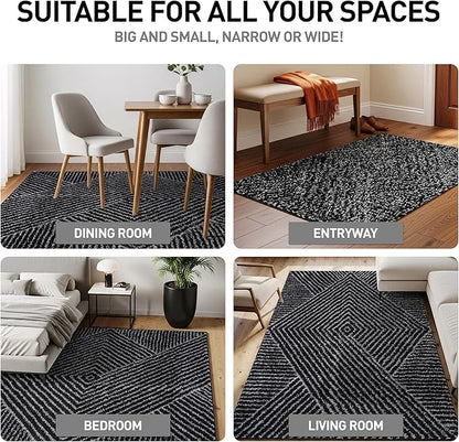 Rugshop Geometric Diamond Stripe Shag Area Rug Anthracite Dark Gray 4' x 6' Ideal for Small Living Rooms, Offices, or Beside The Bed