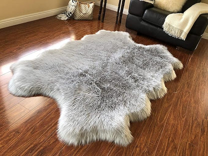 Free Shape Luxury Soft Fluffy Shag Area Rug Single Quarto 4 Pelts 4'x6',120x180 cm - Vegan Fur Ultra Soft Indoor Carpet Nursery Rugs for Bedroom Home Decor, Grey