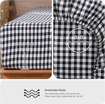 MooMee Gingham Sheet Set 100% Washed Cotton Linen Like Textured Breathable Soft w/Fully Elasticized 16-19" Deep Pocket (Classic Gingham Black White, Queen)