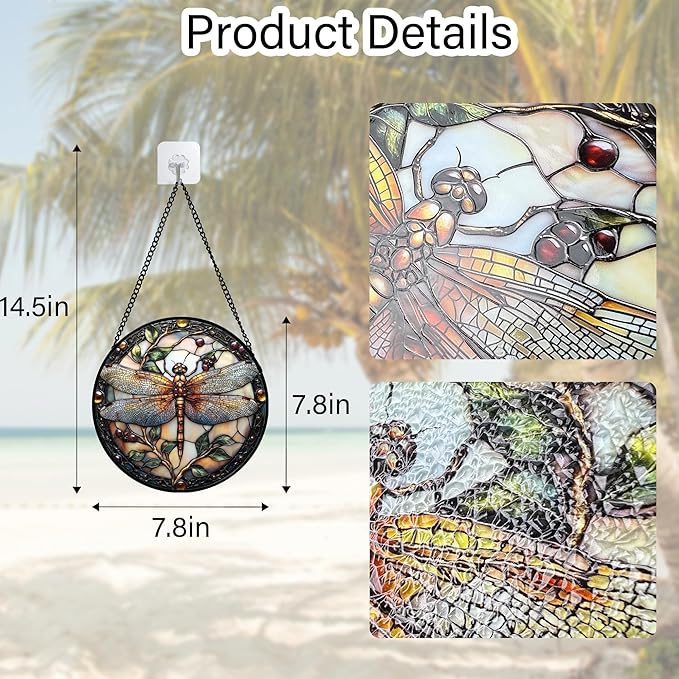 DASTOLL Stained Glass Window Hanging - Dragonfly Plant Suncatcher Ready to Hang Window Doors Home Decoration, Christmas, Mother's Day Birthday Gifts for Women, Men, and Mom11.8x11.8 in
