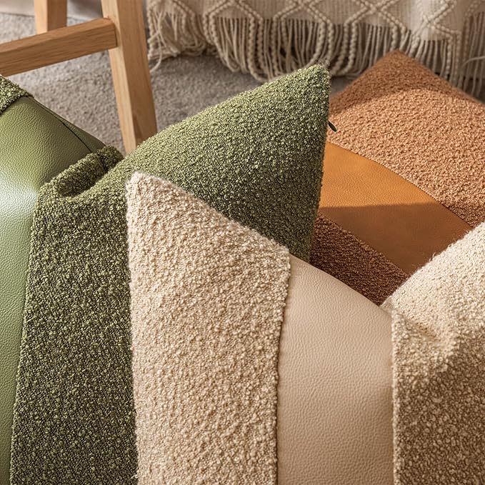 20"x20" Forest Green Boucle Throw Pillow Covers with Faux Leather Accents Set of 2 Fluffy Textured Decorative Pillow Cases for Couch Bed Boho Farmhouse Square Cushion Covers for Nordic Home