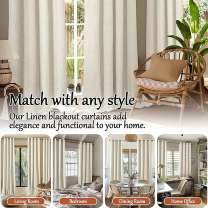 Lajode Blackout Living Room Curtains 72 Inch Long 2 Panels, Textured Linen Black-Out Curtains for Bedroom Light Blocking, Bronze Grommet Thermal Insulated Window Drapery, Each 52" Wide, Natural