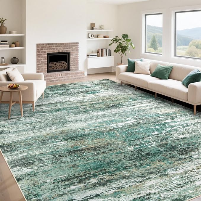 9x12 Area Rugs for Living Room, Washable Modern Abstract Large Area Rug Neutral Soft Non Slip Kids Rug Stain Resistant Indoor Carpet for Bedroom Dining Room Playroom Home Office(Green, 9'x12')