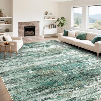 9x12 Area Rugs for Living Room, Washable Modern Abstract Large Area Rug Neutral Soft Non Slip Kids Rug Stain Resistant Indoor Carpet for Bedroom Dining Room Playroom Home Office(Green, 9'x12')