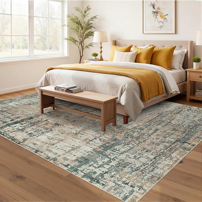 5x7 Area Rugs for Bedroom Living Room,Non-Slip Washable Modern Green Abstract Rugs for Dining Room, Foldable Thin Indoor Carpet Stain Resistant(Moss Green)