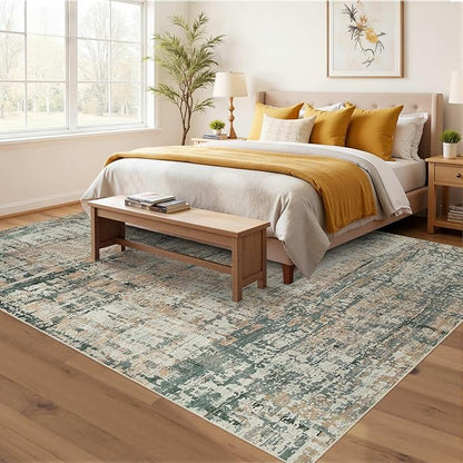 5x7 Area Rugs for Bedroom Living Room,Non-Slip Washable Modern Green Abstract Rugs for Dining Room, Foldable Thin Indoor Carpet Stain Resistant(Moss Green)
