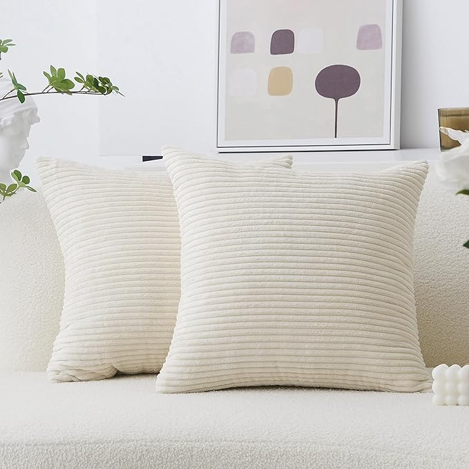 Home Brilliant Cream Throw Pillows Covers 16x16 Striped Velvet Square Pillow Covers Valentines Decorative Set of 2, 40cm, 16 x 16 Inch, Cream Cheese