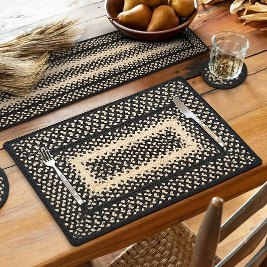Homespice Manchester Dining Placemats, Country Primitive Decor, Set of 6, Black and Tan - 13x19 Rectangle Table Mats - Vibrant Colors, Durable, Easy to Clean and Protects Furniture