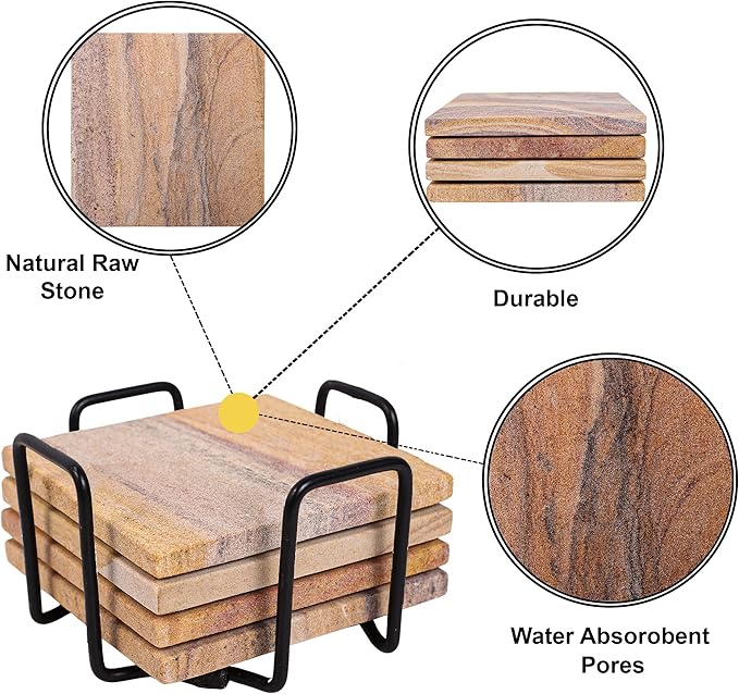 Sandstone Water Absorbent Hand Crafted Square Coasters for Drinks - 4 Inches Wide Thirsty Stone Bar/Drink Coasters- Made from Rainbow Sandstone (Set of 4 with Holder)
