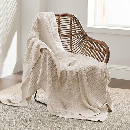 Bedsure Gentlesoft 100% Cotton Large Throw Blanket for Couch 50x70 inches - Breathable and Soft, Waffle Weave Throw Blanket for Office, Light Beige