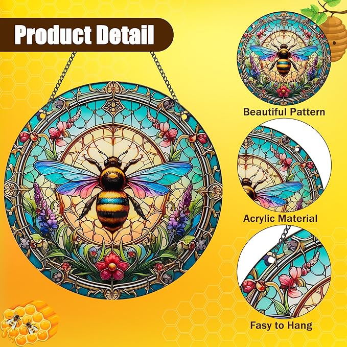 Bee Window Hangings Decor - Acrylic Sun Catcher Ornaments with Hook & Chain,Art SunCatcher Pendant for Gifts Indoor Outdoor Home Wall Living Room Spring Summer Decoration (Colorful Bee)