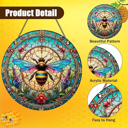 Bee Window Hangings Decor - Acrylic Sun Catcher Ornaments with Hook & Chain,Art SunCatcher Pendant for Gifts Indoor Outdoor Home Wall Living Room Spring Summer Decoration (Colorful Bee)