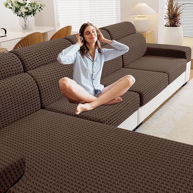 MAXIJIN Couch Cushion Covers for Sectional Sofa, Stretch Sofa Cushion Cover Washable Furniture Protector with Elastic Bottom & Non-Slip Strap for Pets Kids (3PC Seat Cover, Brown)