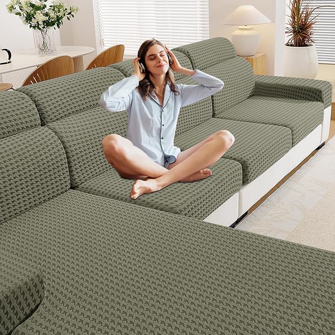 MAXIJIN Couch Cushion Covers for Sectional Sofa, Stretch Sofa Cushion Cover Washable Furniture Protector with Elastic Bottom & Non-Slip Strap for Pets Kids (3PC Seat Cover, Army Green)