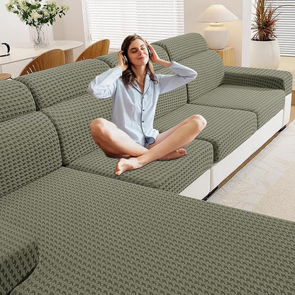 MAXIJIN Couch Cushion Covers for Sectional Sofa, Stretch Sofa Cushion Cover Washable Furniture Protector with Elastic Bottom & Non-Slip Strap for Pets Kids (1PC Seat Cover, Army Green)