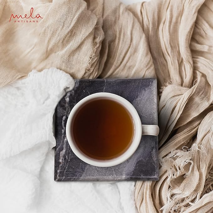 Mela Artisans Set of 4 Hand Crafted Marble Coasters - Sleek Black, Square | Coffee Table Decor | Absorbent Keeping Surfaces Dry & Safe | Ideal for Wine Glasses, Water Cups or Beer Mugs