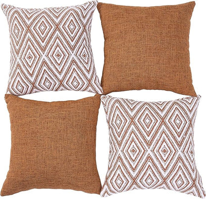HPUK Decorative Throw Pillow Covers Set of 4 Geometric Design Linen Cushion Cover for Couch Sofa Living Room, 18"x18" inches, Golden Brown