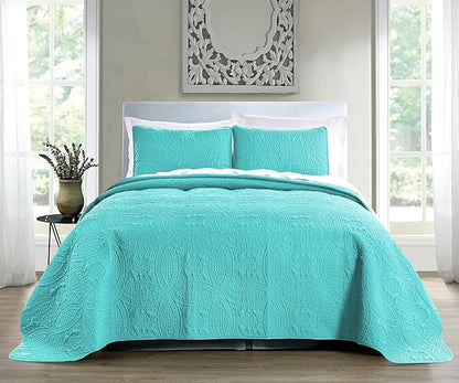 Pure Bedding Quilt Set King/Cal King/California King Size Aqua - Oversized Bedspread - Soft Microfiber Lightweight Coverlet for All Season - 3 Piece Includes 1 Quilt and 2 Shams, Geometric Pattern