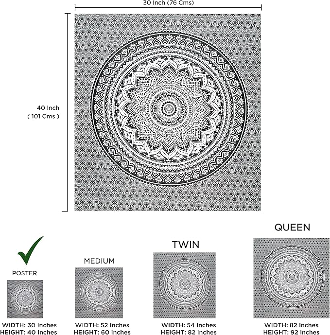 raajsee Indian Cotton Grey Black Tapestry Mandala Wall Hangings- Tapestry For Bedroom - Indie Wall Tapestry Hippie Room Decor - Boho Small Tapestrys Aesthetic 30x40 Inches