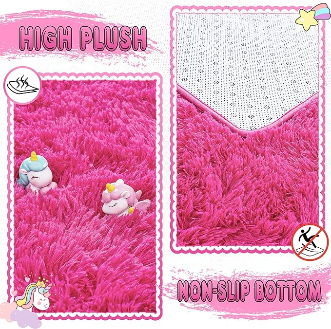 Small Rugs for Bedroom, Fuzzy Throw Rug for Living Room Dorm, Soft Fluffy Bedroom Rug, Non Slip Shag Rugs, Modern Indoor Home Decor Aesthetic, 2x3 Feet, Hot Pink