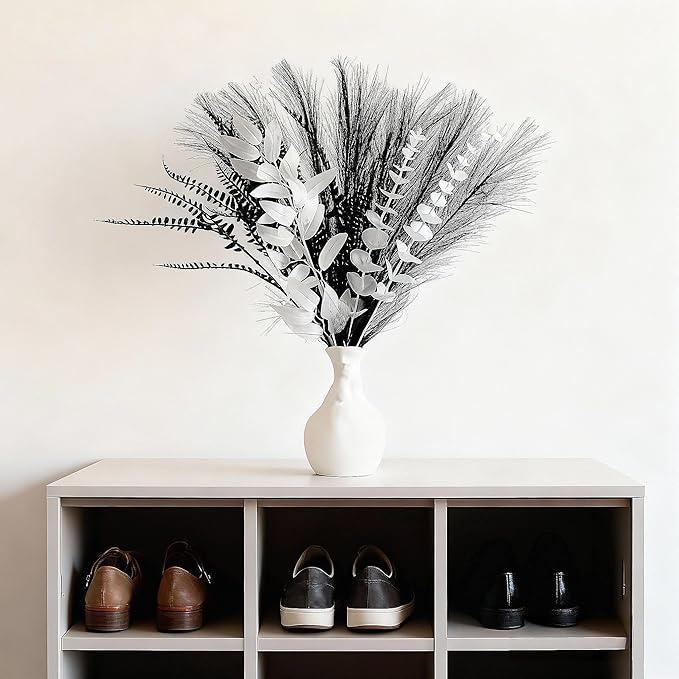 Modern Artificial Flower Arrangement, 17-Inch Black and white Faux Eucalyptus and Grass Bouquet, Minimalist Nordic Home Decor, Suitable for Fireplaces, Dining Tables, offices, (Vase Not Included)