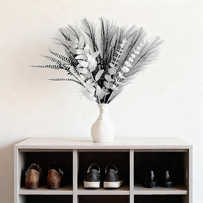 Modern Artificial Flower Arrangement, 17-Inch Black and white Faux Eucalyptus and Grass Bouquet, Minimalist Nordic Home Decor, Suitable for Fireplaces, Dining Tables, offices, (Vase Not Included)