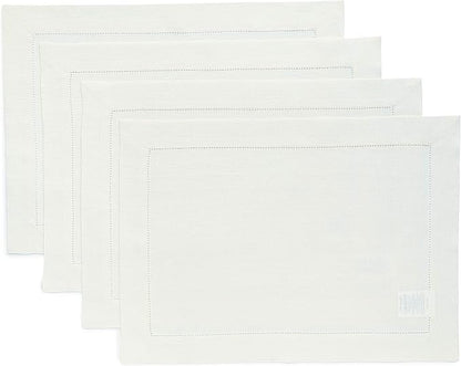 Solino Home Linen Placemats Set of 4 - Classic Hemstitch Ivory Placemats 14 x 19 Inch - 100% Pure Linen Table Mats for Holiday, New Year