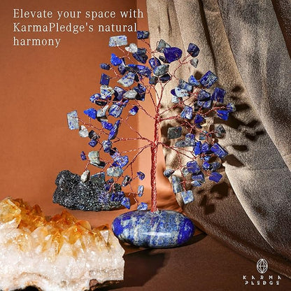 Crystal Tree of Life Home and Office Feng Shui Decor, Lapis Lazuli Healing Crystal Handmade Bonsai Tree for Positive Energy, Good Luck, Money, Christmas Decor, Birthday Gifts for Women, Mom