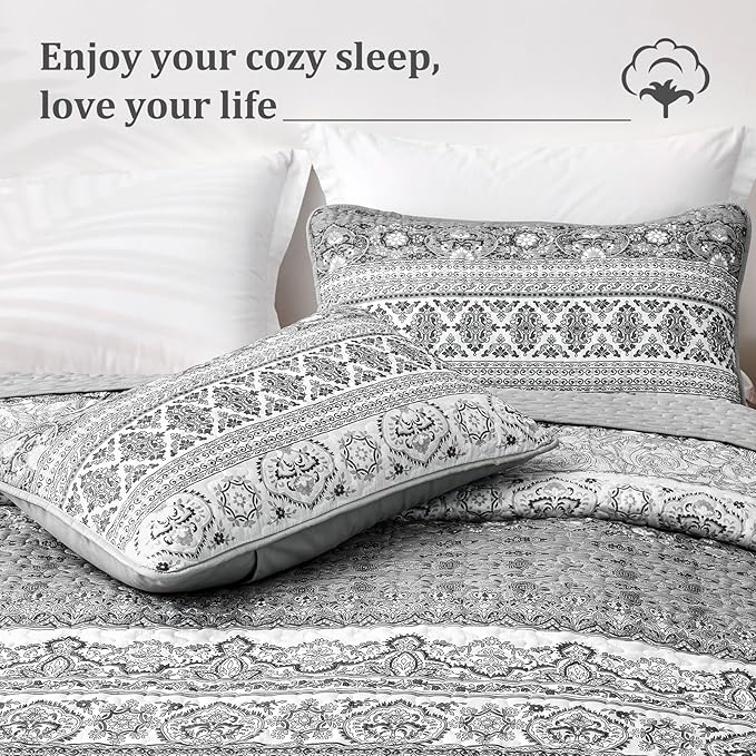WONGS BEDDING Boho Queen Quilt Set, Grey Bohemian Queen Quilt Bedding Set, Lightweight Microfiber Bed Decor Bedspread for All Season 96"x90"(3 Pieces)