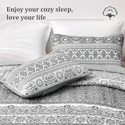 WONGS BEDDING Boho Queen Quilt Set, Grey Bohemian Queen Quilt Bedding Set, Lightweight Microfiber Bed Decor Bedspread for All Season 96"x90"(3 Pieces)